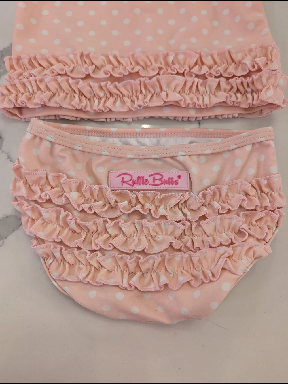 Ruffle Butts Baby Girls Swim Suit Pink Polka Dot with Ruffle Hem